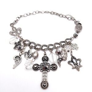 Silver Charm Necklace Cross Rhinestone Fleur De Lis Gothic